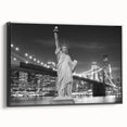Black and white framed canvas of the Statue of Liberty in a vintage poster style, ideal for bedroom wall art.
