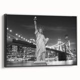 Black and white framed canvas of the Statue of Liberty in a vintage poster style, ideal for bedroom wall art.