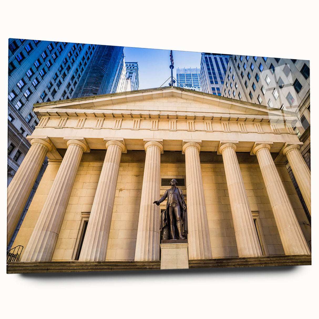Large abstract wall art of New York City skyline in muted gray tones on acrylic glass.