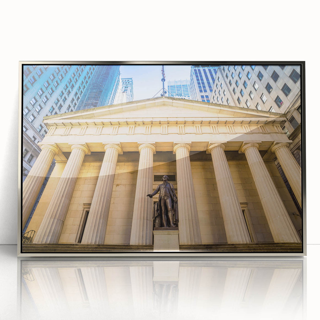 Mid-century modernist New York City skyline in silver acrylic frame, ideal for modern art wall decor.