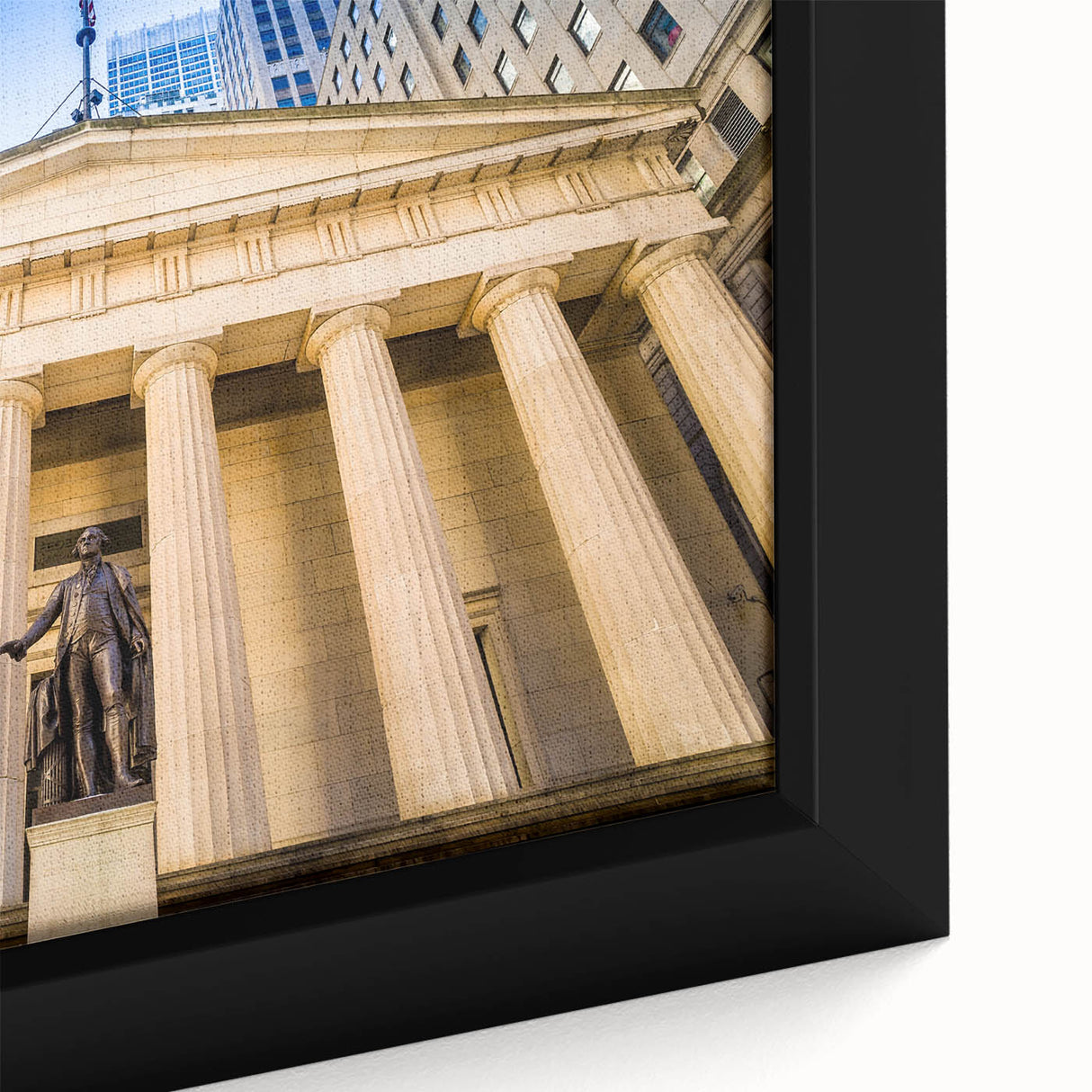 Extra large framed canvas of New York City skyline in black with colorful, textured highlights, ideal for living room decor.