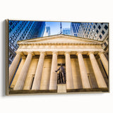 Framed canvas depicting a vintage-style New York City skyline in black and gold tones, ideal for bedroom wall art.