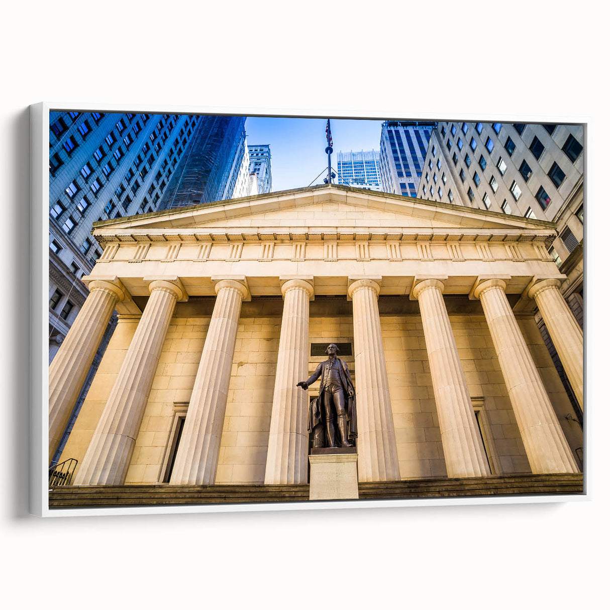 Vintage poster art of NYC skyline in vibrant colors on a large framed canvas, ideal for living room decor.