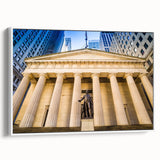 Vintage poster art of NYC skyline in vibrant colors on a large framed canvas, ideal for living room decor.