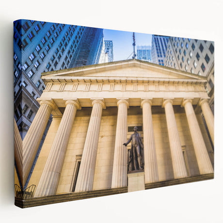 Side view of a stretched canvas featuring a New York City skyline in muted blue and gray tones, ideal for kitchen wall art.