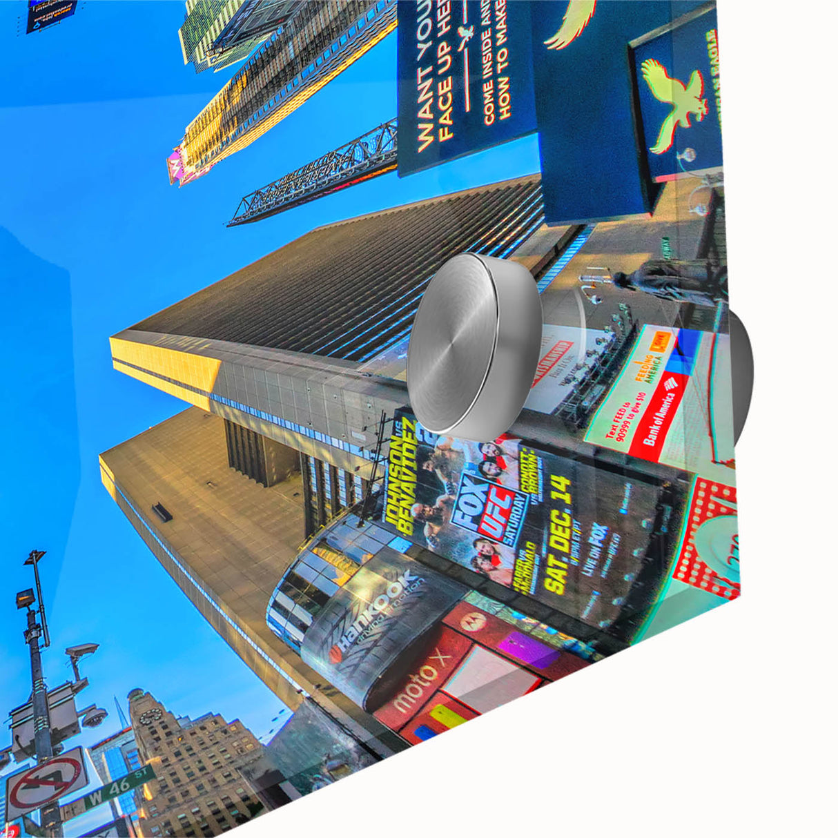 Acrylic print of Times Square with vivid colors and abstract elements, suitable for bedroom or dining room art.