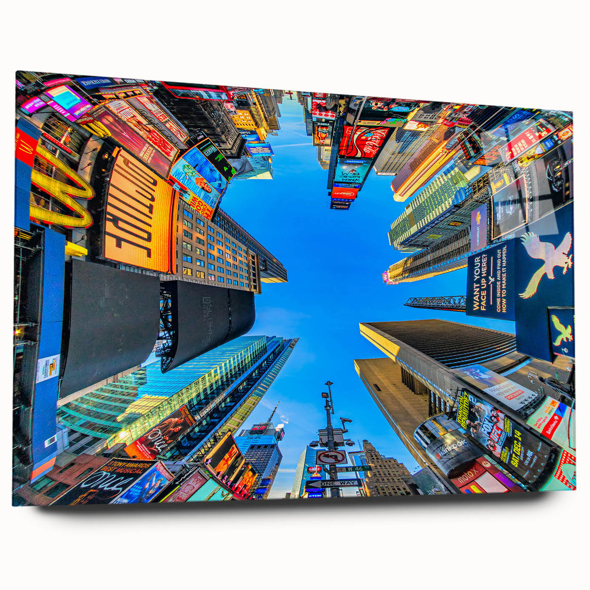 Acrylic print of Times Square in muted colors, large abstract style, ideal for dining room art.