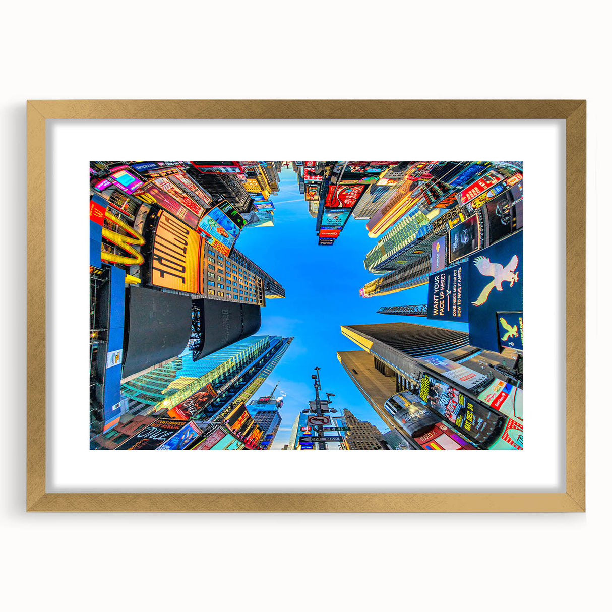 Extra large framed wall art of Times Square with vibrant colors and abstract textures, ideal for living room decor.