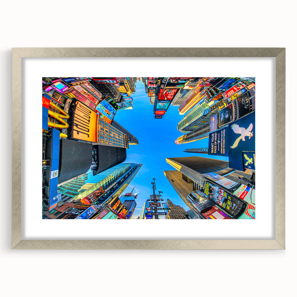 Textured art of New York City's Times Square in abstract style, featuring vibrant neon colors on a framed silver mat.