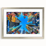 Textured art of New York City's Times Square in abstract style, featuring vibrant neon colors on a framed silver mat.