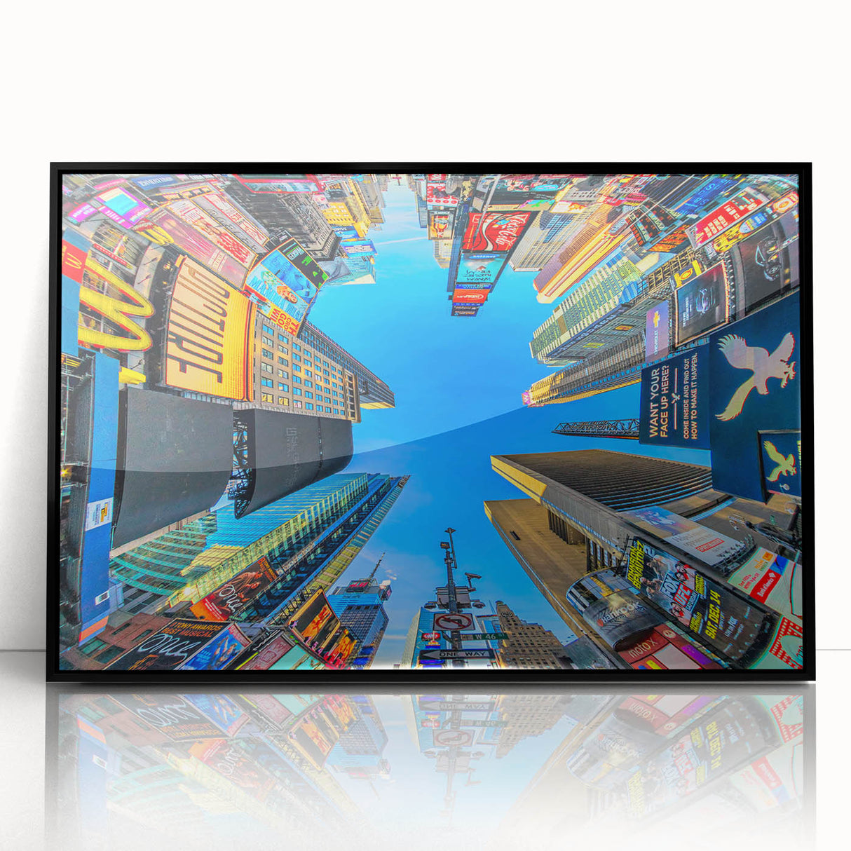 Large abstract wall art of NYC Times Square in mid-century modernist style, acrylic print framed in black.