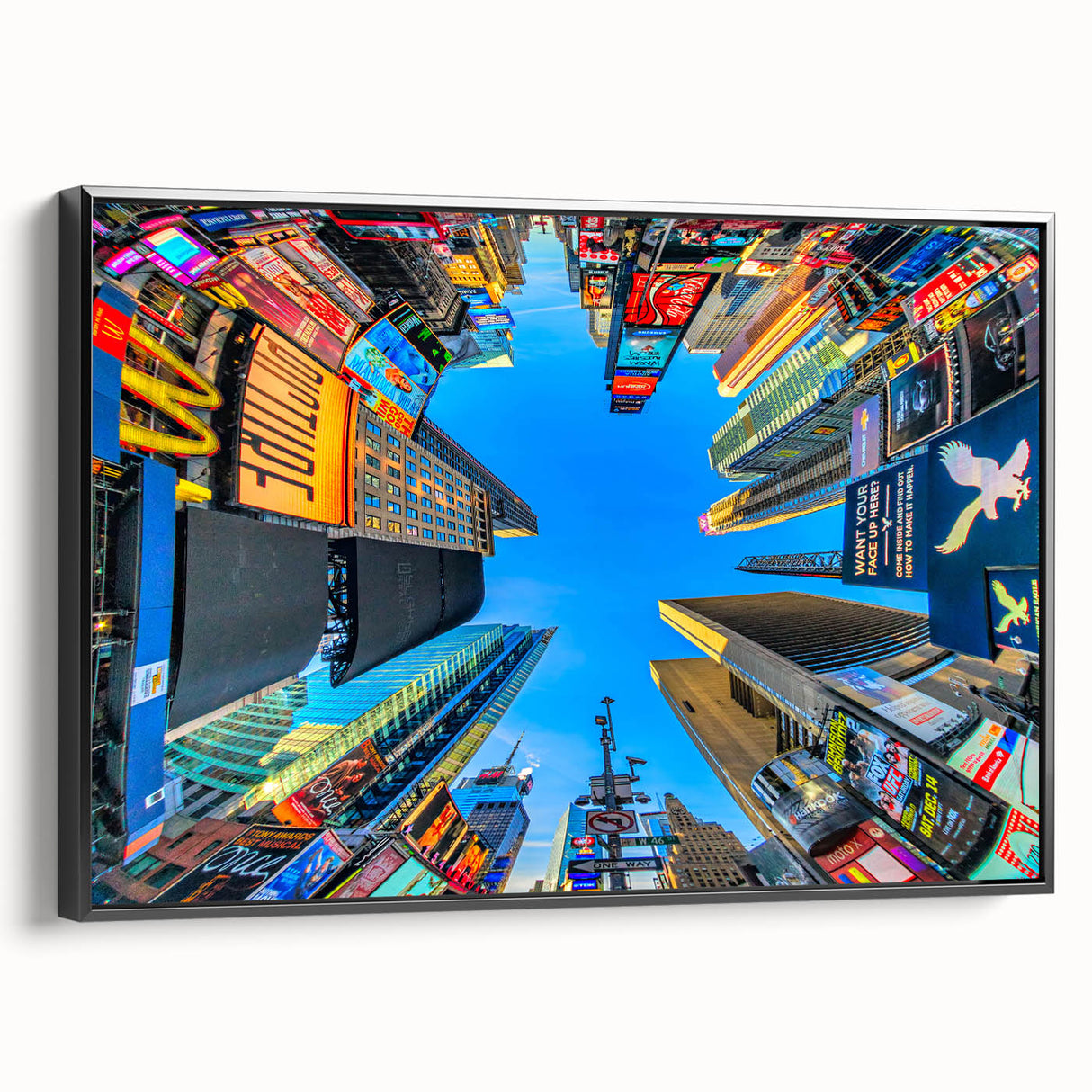 Black and white framed canvas of Times Square, featuring vintage poster art style, ideal for bedroom wall decor.