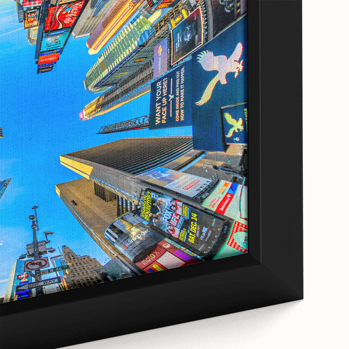 Extra large black wall art depicting a textured, colorful Times Square scene on framed canvas.