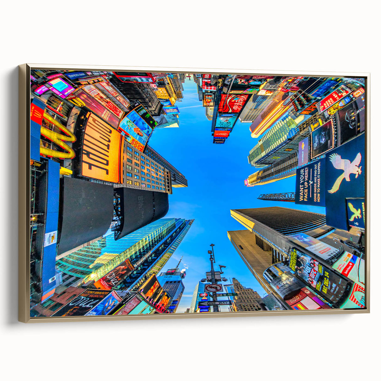 Vintage poster art of Times Square landscape in black and gold tones on a framed canvas, ideal for bedroom wall decor.
