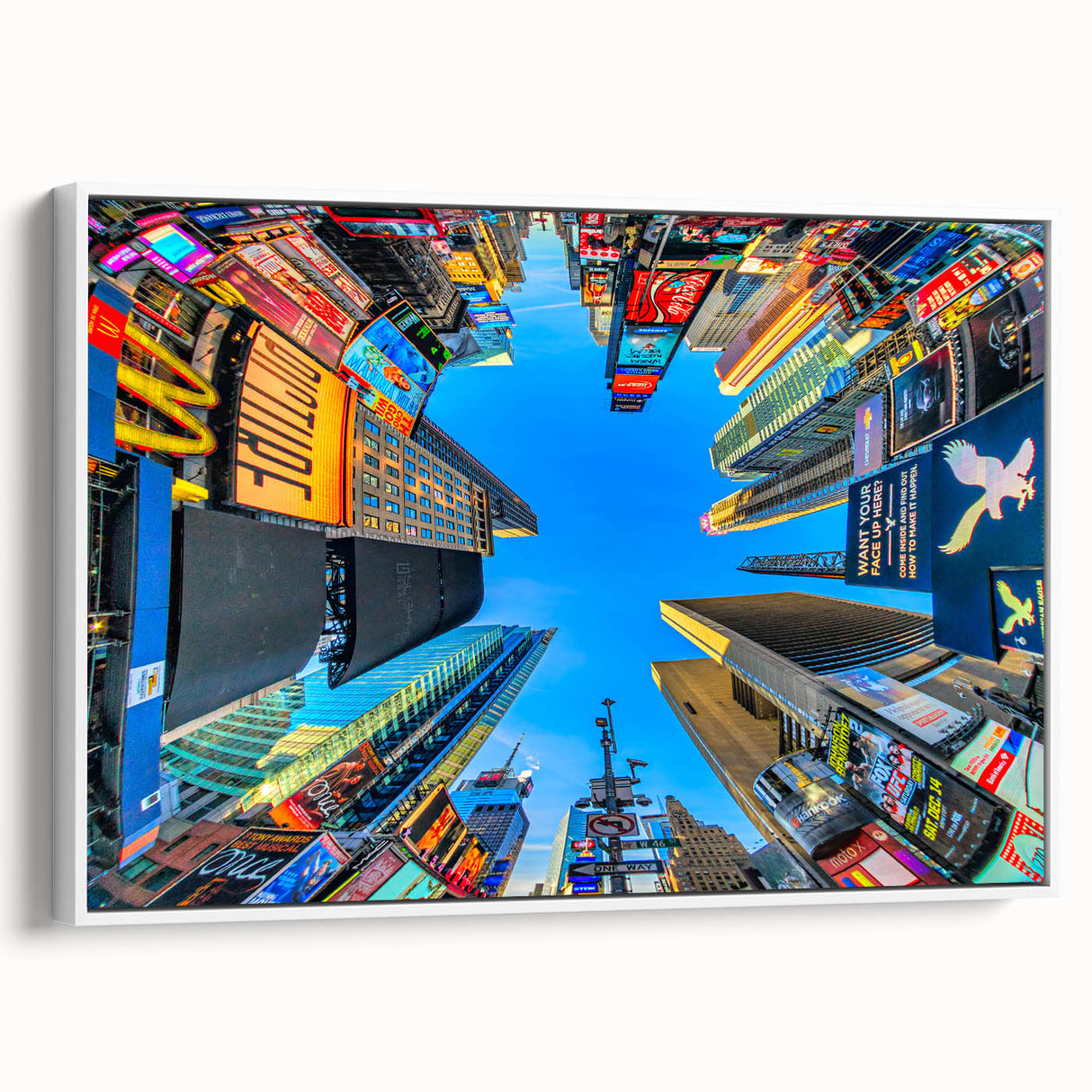 Vintage poster art of NYC Times Square in colorful tones on extra large framed canvas, ideal for living room decor.
