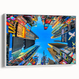 Vintage poster art of NYC Times Square in colorful tones on extra large framed canvas, ideal for living room decor.