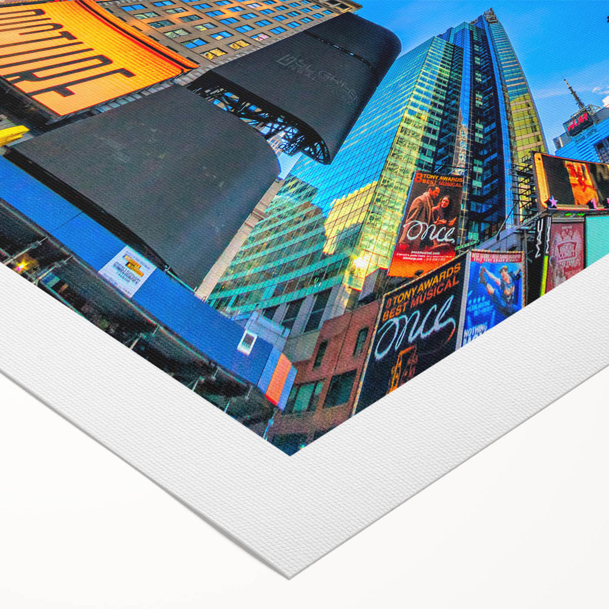 Art deco poster of Times Square in vibrant colors on rolled canvas, suitable for dining room wall art.