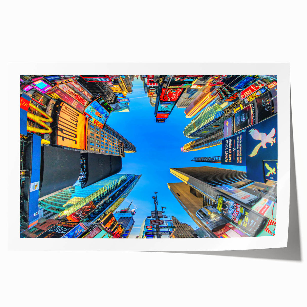 Times Square scene in vibrant colors on a large rolled canvas, ideal for art wall dining room.