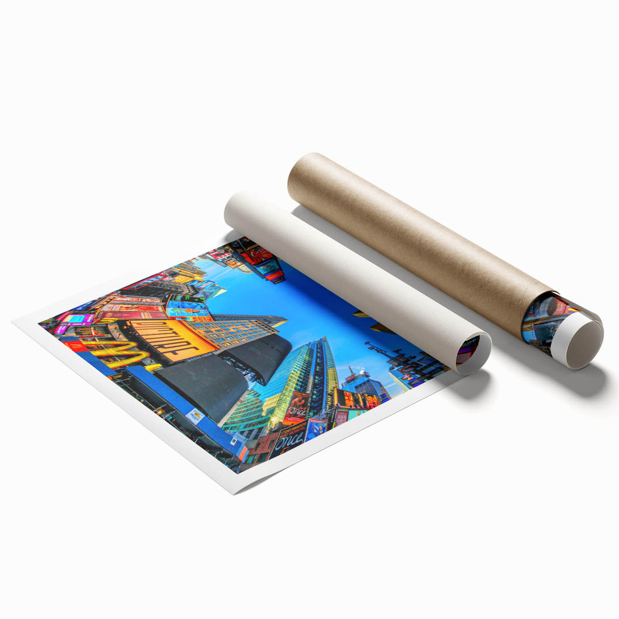 Times Square scene with vibrant colors on a large rolled canvas print, suitable for spacious living room walls.