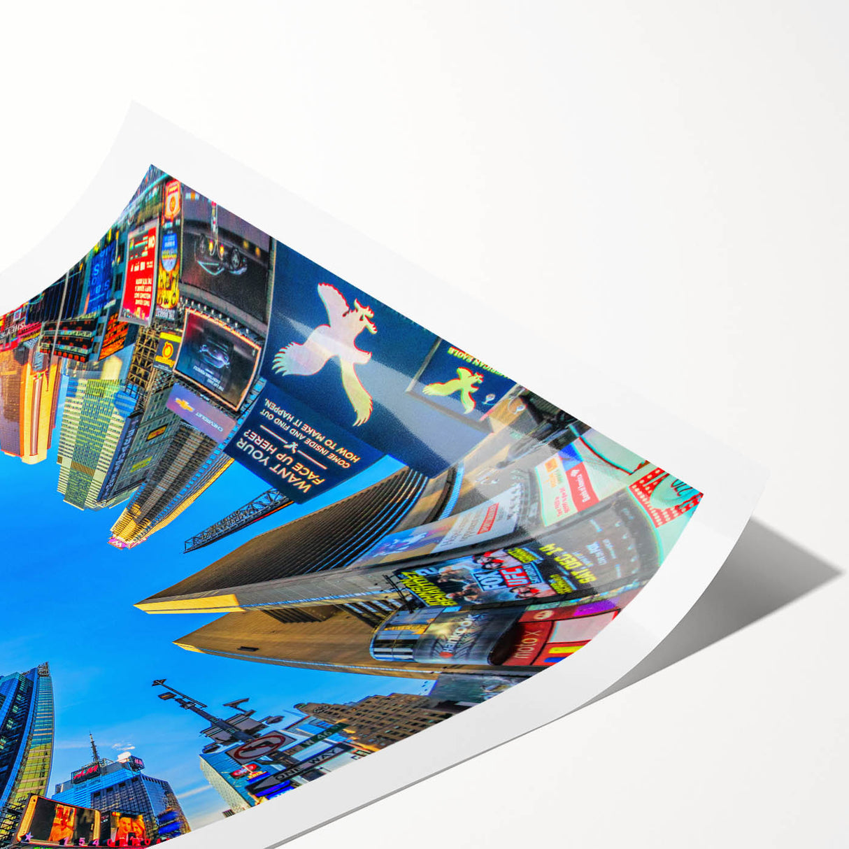 Extra large wall art of Times Square with vibrant colors and busy street scene on a rolled print.