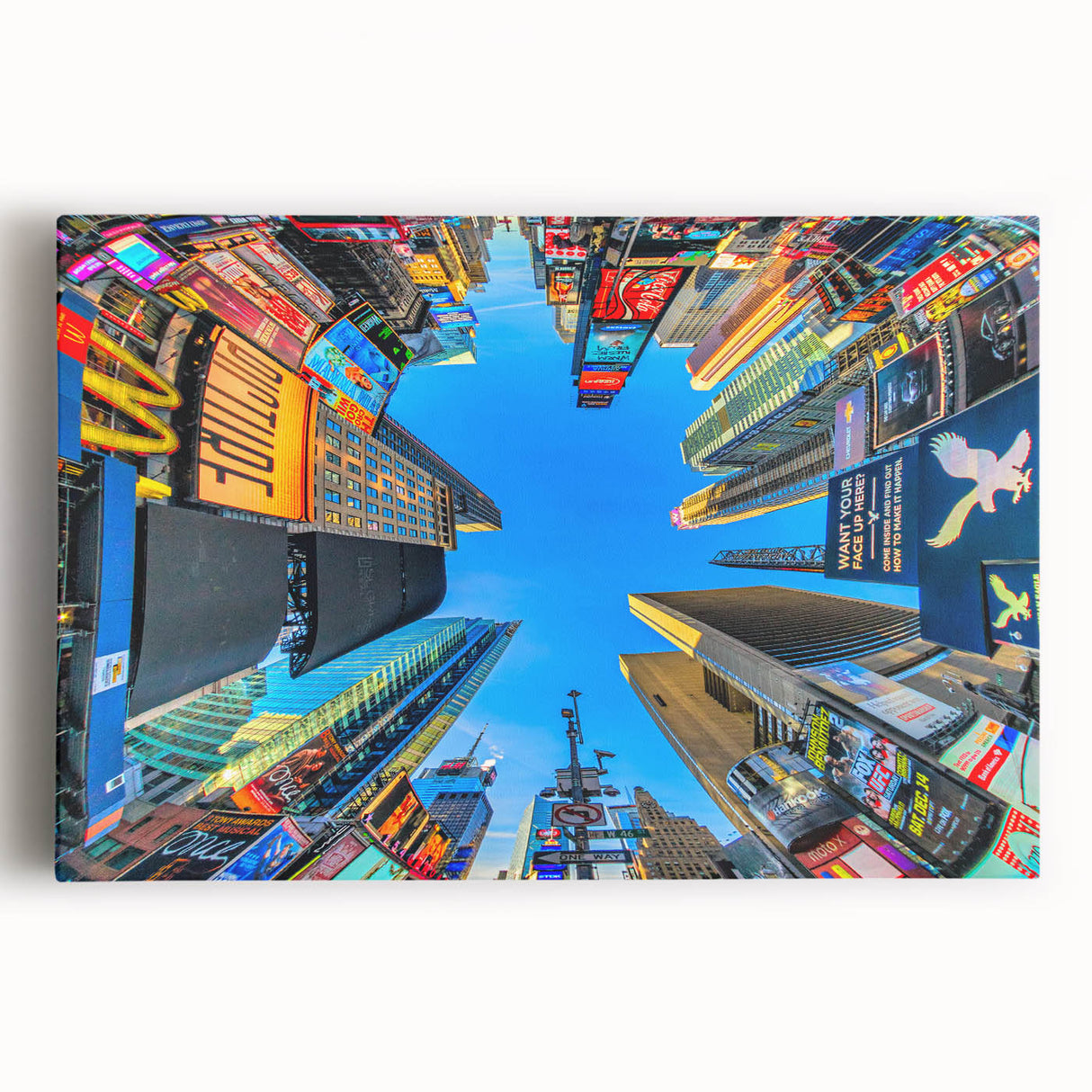 Black and white large art print of Times Square on stretched canvas, ideal for kitchen wall art.