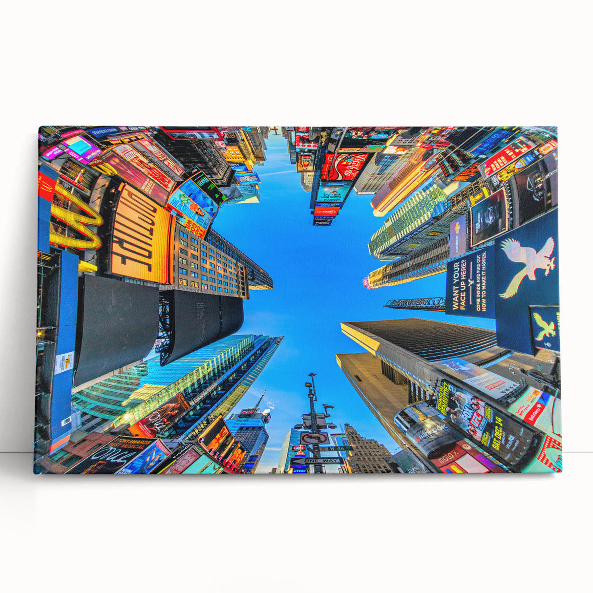 Black and white stretched canvas of Times Square bustling with activity.