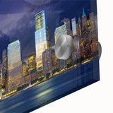 Large abstract depiction of NYC's Trade Center in muted gray tones on acrylic glass, suitable for dining room art.