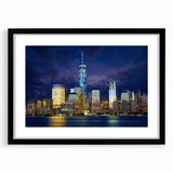 Abstract art print of NYC skyline in vibrant colors on a large textured canvas, ideal for living room decor.