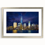 Textured art print of abstract NYC skyline in muted grays and blues on a framed silver mat, ideal for bedroom decor.