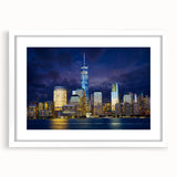 Abstract art print of NYC skyline in muted gray tones on a framed white mat, suitable for dining room decor.