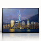 Large abstract wall art depicting the NYC skyline in muted gray tones on a framed acrylic, ideal for modern office decor.