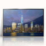 Mid-century modernist art of NYC skyline in muted gray tones on framed acrylic, suitable for modern art wall decor.