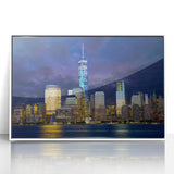 Art deco poster of NYC skyline with muted blue tones on framed acrylic, ideal for modern art wall decor.
