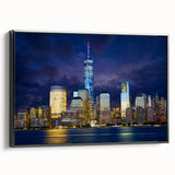 Black and white wall art featuring the NYC skyline with the Twin Towers, on framed canvas, ideal for bedroom decor.