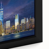 Extra large framed canvas featuring a textured depiction of the NYC skyline in black with colorful accents.