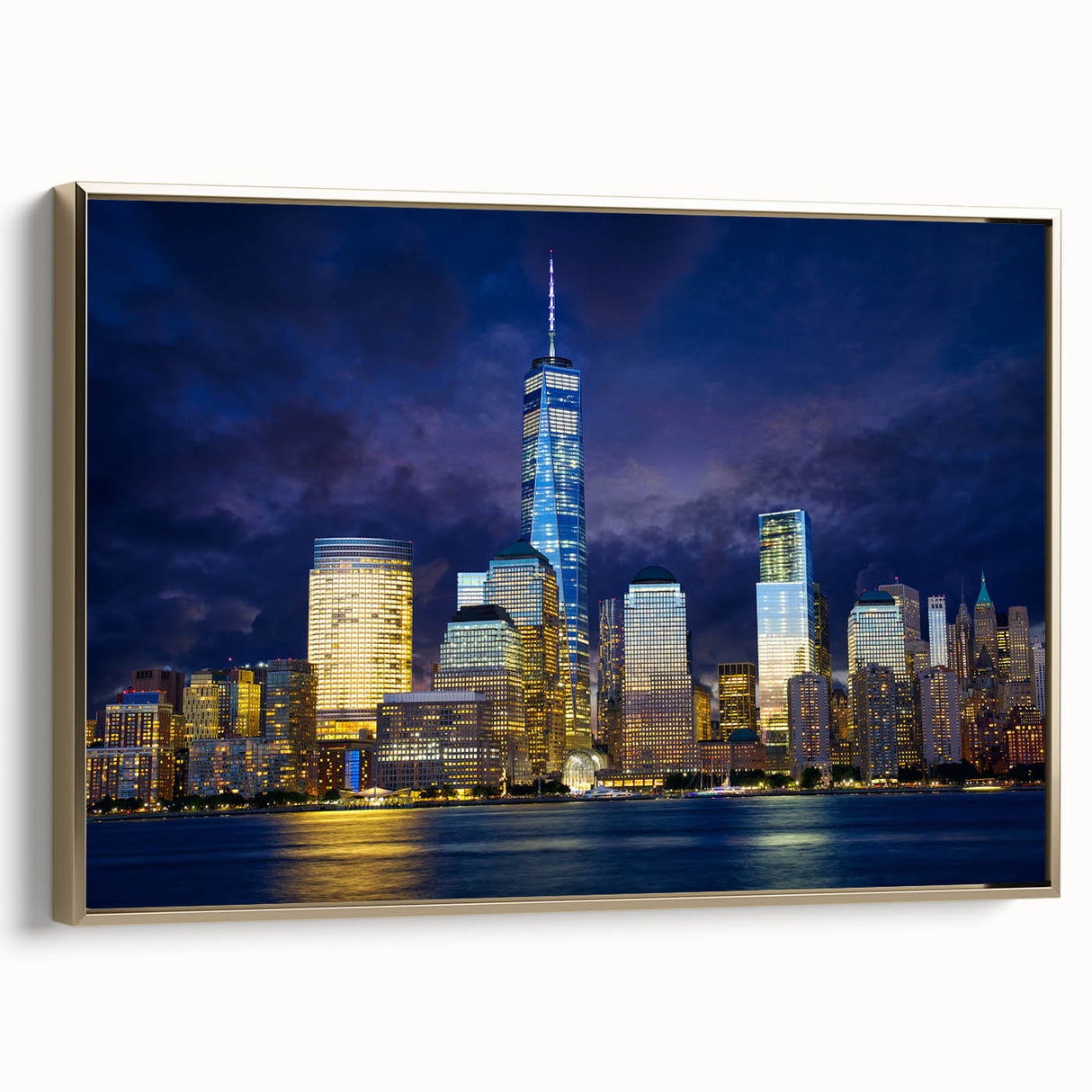 Framed canvas of New York City's Trade Center in black and gold tones, ideal for bedroom wall art.