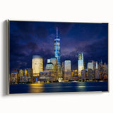 Framed canvas of a colorful New York City skyline with prominent vintage-style depiction of the Twin Towers.