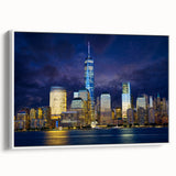 Vintage poster art of the NYC skyline in colorful hues on an extra-large framed canvas, suited for living room decor.