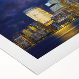 Art deco poster featuring the NYC skyline with muted metallic tones on rolled canvas, suitable for dining room decor.