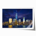 Rolled print of New York City skyline with Twin Towers, in muted blue shades, ideal for art wall dining room.