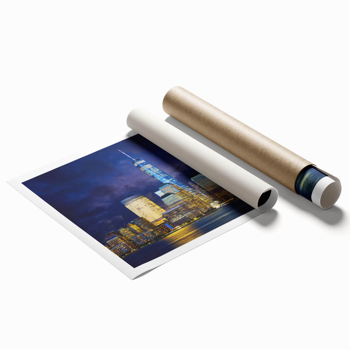 Rolled print of NYC Trade Center with muted gray tones, perfect for classy bathroom wall art.