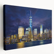 New York City skyline featuring the Trade Center on stretched canvas, in muted urban colors, ideal for kitchen wall art.