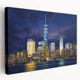 New York City skyline featuring the Trade Center on stretched canvas, in muted urban colors, ideal for kitchen wall art.