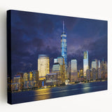 New York City skyline featuring the Trade Center on stretched canvas, in muted urban colors, ideal for kitchen wall art.