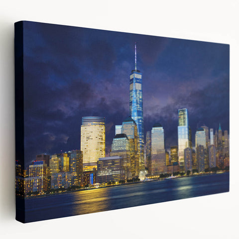 New York City skyline featuring the Trade Center on stretched canvas, in muted urban colors, ideal for kitchen wall art.
