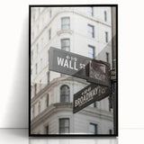 Large abstract wall art depicting the New York City Wall Street scene in black and white tones, framed in acrylic.