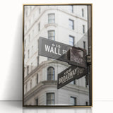 Framed acrylic print of New York City's Wall Street in gold and black tones, ideal for modern art wall decor.