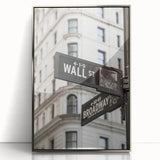 Mid-century modernist art depicting Wall Street with muted gray and blue tones on a framed acrylic print.