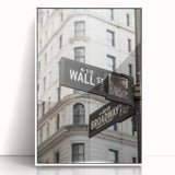 Art Deco poster of Wall Street in muted gray and blue tones, acrylic print framed in white.