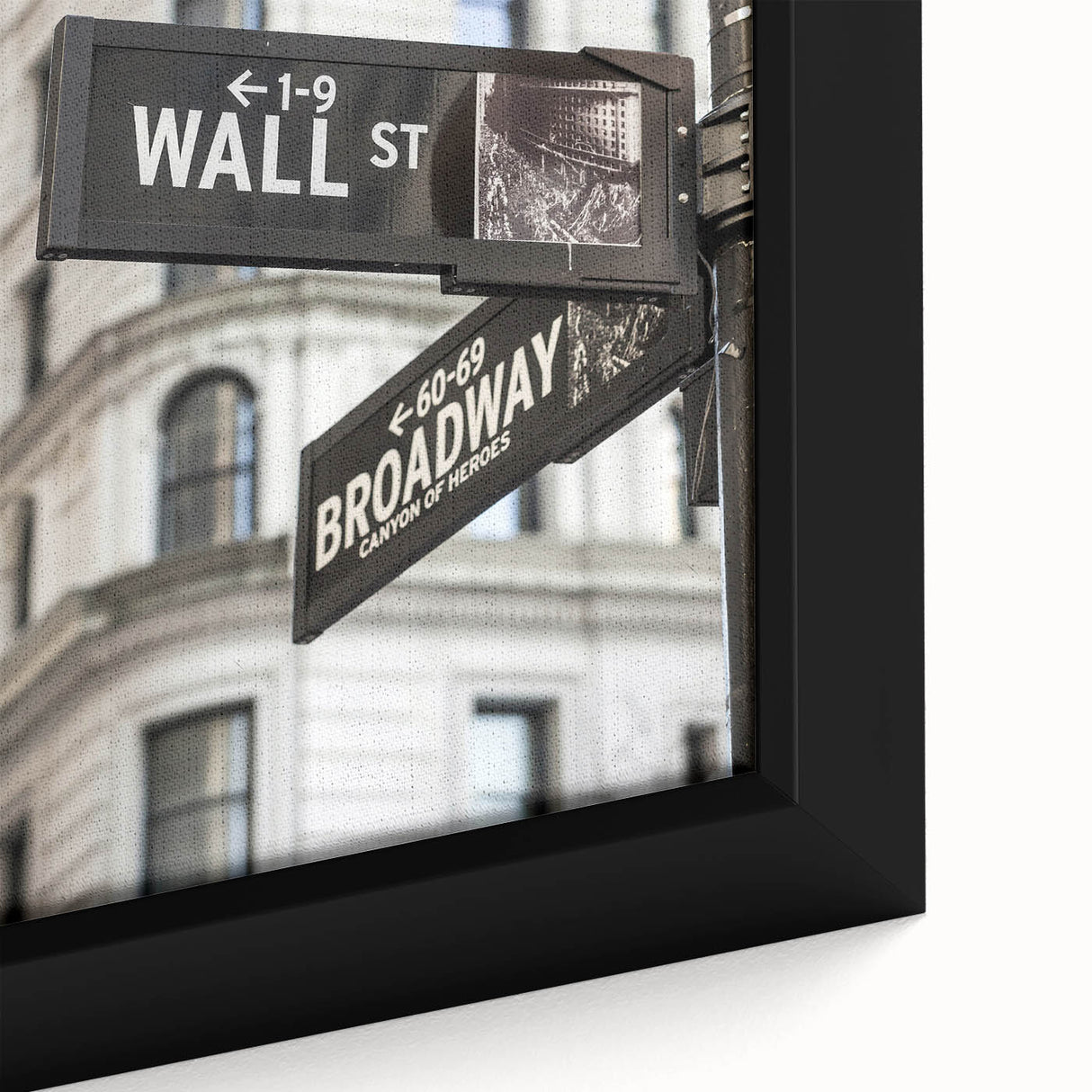 Extra large framed canvas of a textured, colorful New York City Wall Street scene in black wall art style.